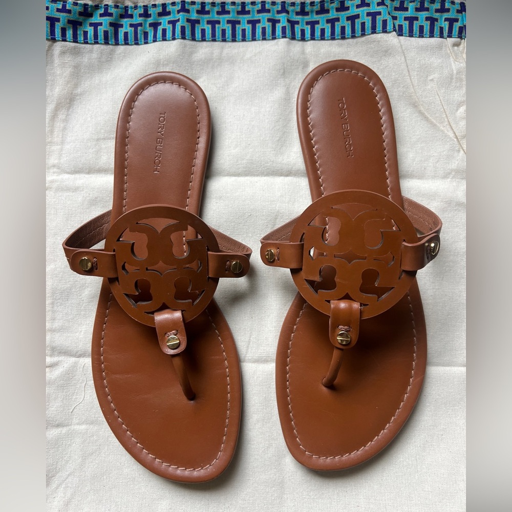 Tory Burch Womens Sz 9 Miller Leather Sandals Brown Vintage Vachetta w bag